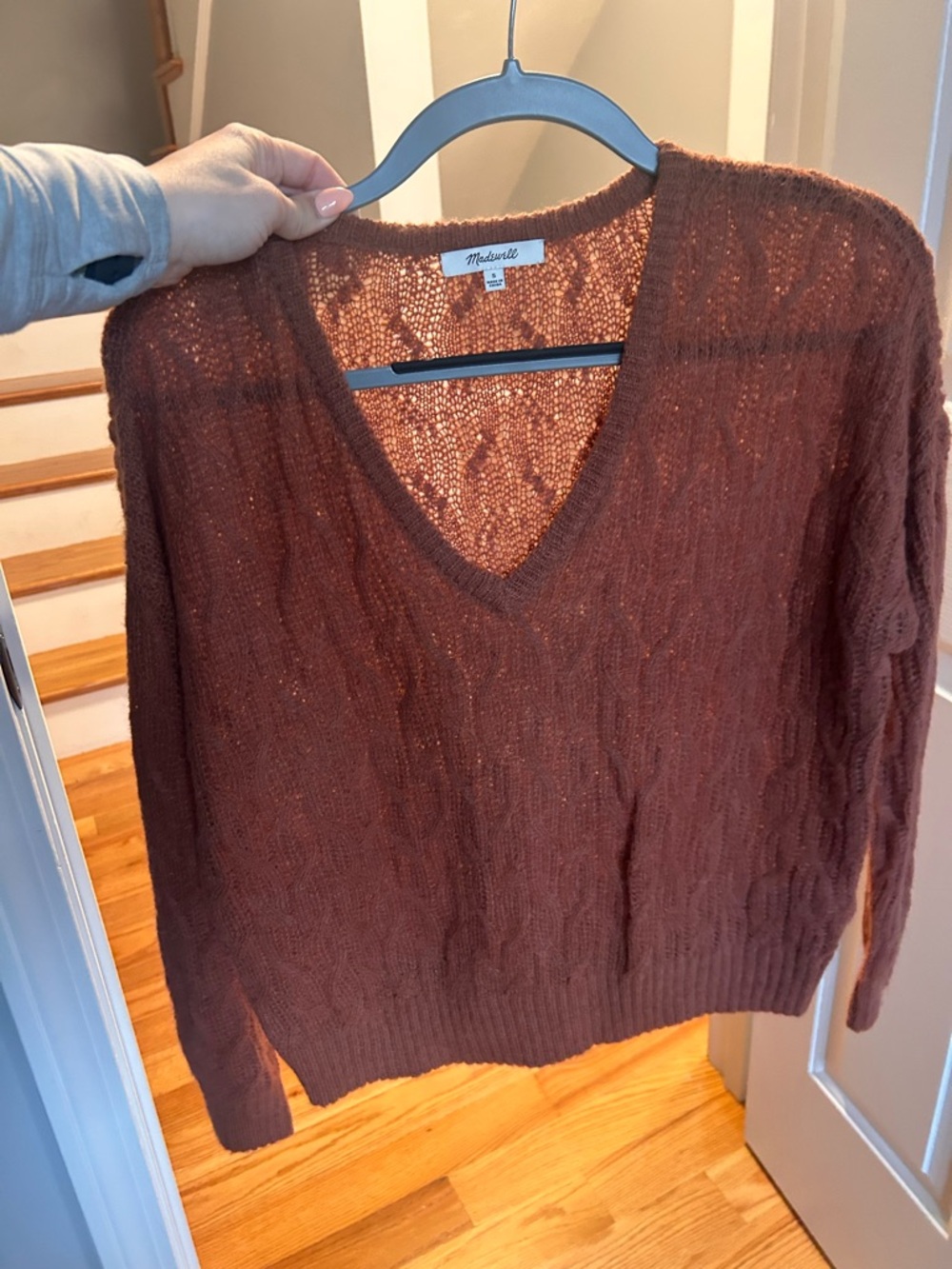Madewell V-Neck Cable Knit Sweater in Burnt Orange